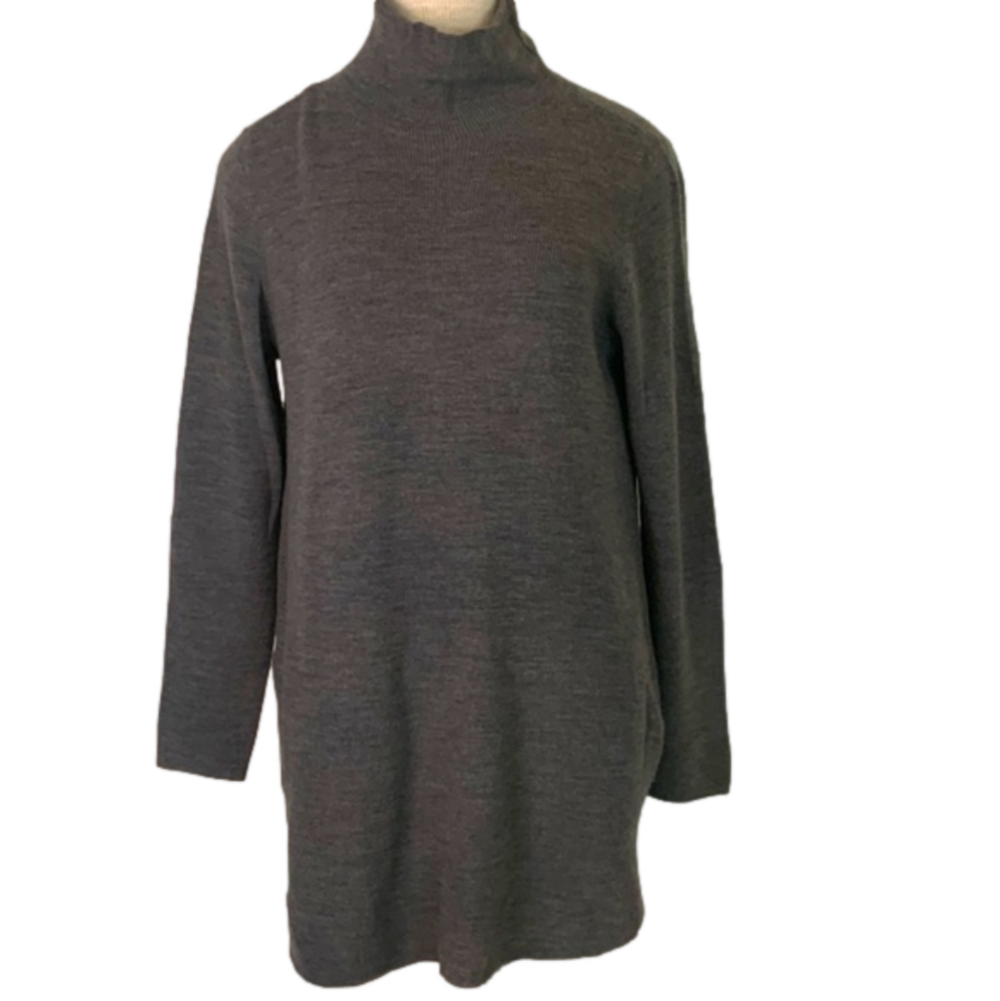 Eileen Fisher merino wool small grey high collar tunic sweater